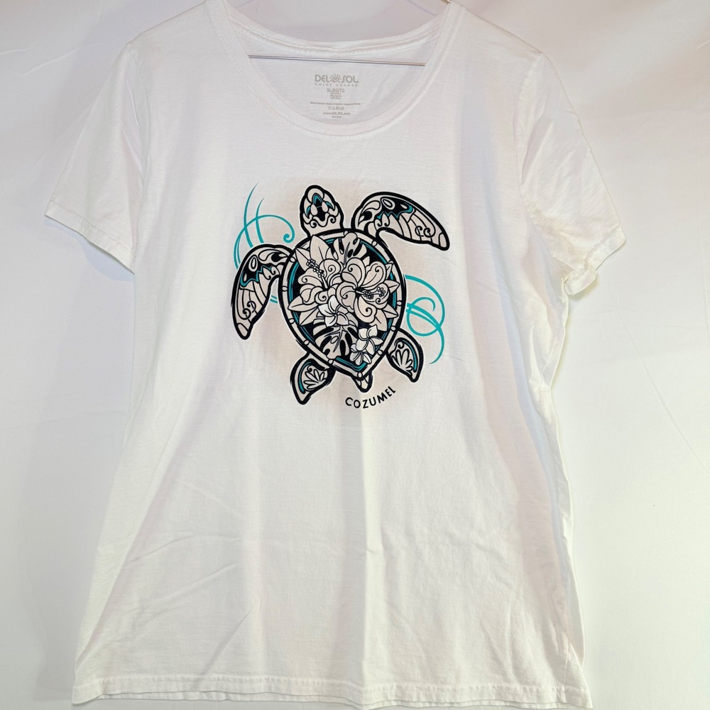 Del Sol Cozumel Color Change Sea Turtle Hibiscus White T-Shirt Womens‎ XL